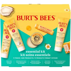 Burt's Bees Christmas Gifts - Essentials Everyday Set, 5 Travel Size Products for Stocking Stuffers - Deep Cleansing Cream, Hand Salve, Body Lotion, Foot Cream and Original Lip Balm