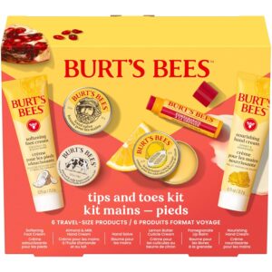 Burt's Bees Christmas Gifts - Tips and Toes Kit, 6 Travel Size Products for Stocking Stuffers - Pomegranate Moisturizing Lip Balm, 2 Hand Creams, Foot Cream, Cuticle Cream, and Hand Salve