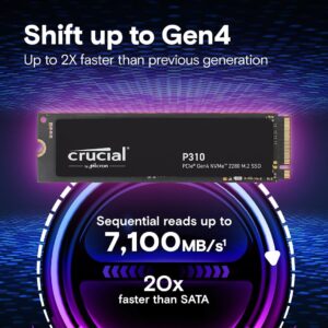 Crucial P310 4TB SSD, PCIe Gen4 NVMe M.2 2280, Up to 7,100MB/s, for Laptop, Desktop (PC), & Handheld Gaming Consoles, Includes Acronis Data Recovery Software, Solid State Drive – CT4000P310SSD801