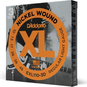 D'Addario Electric Guitar Strings, XL Nickel, EXL110-3D, Regular Light Gauge 10-46, 6-String Set, Pack of 3