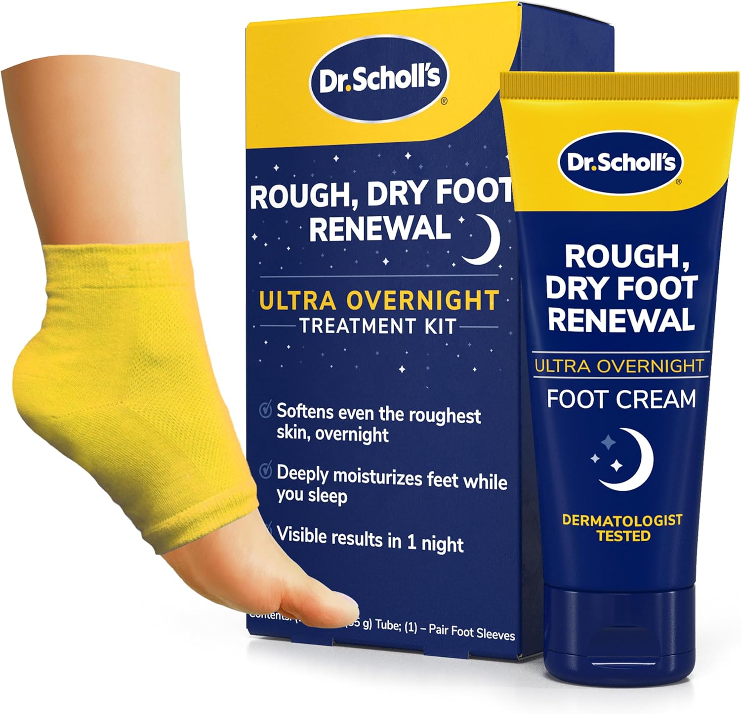 Dr. Scholl's Rough, Dry Foot Renewal Ultra Overnight Treatment with Overnight Foot Cream 3oz with Aloe, Coconut Oil & Urea and Heel Sleeve Socks, Deeply Moisturize & Soften Feet, Dermatologist Tested