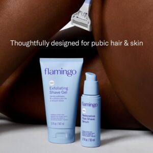 Flamingo Pubic Hair Razor for Women, Shaving Kit, 1 Razor, Exfoliating Shaving Gel 5 fl oz – Restorative Post Shave Serum 1.7 fl oz, Starter Set, Full Kit