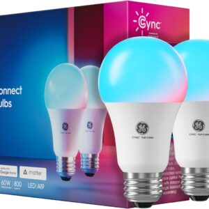 GE Cync A19 LED Smart Light Bulbs, Room Decor Aesthetic Bluetooth and WiFi Color Changing Lights, LED Indoor Light Bulb, Compatible with Alexa and Google (2 Pack)