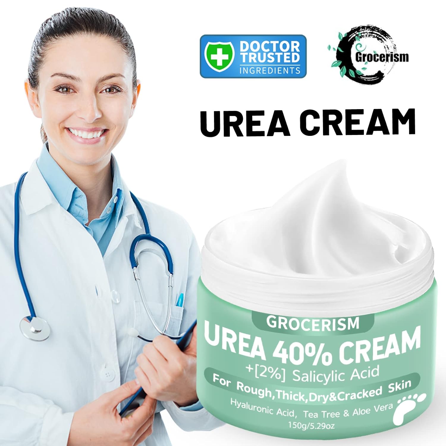 Grocerism Urea Cream 40 Percent For Feet Plus 2% Salicylic Acid 5.29 oz || Foot Cream and Hand Cream Maximum Strength with Hyaluronic Acid,Tea Tree,and Aloe Vera For Deep Moisturizes,Callus Remover - Image 2
