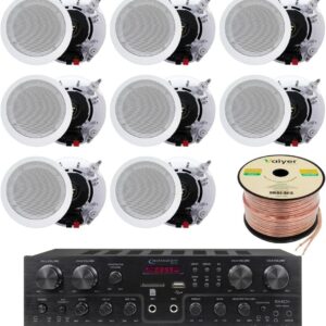 Home Theater System Kit, 4 Channel 1000 Watts Bluetooth Receiver with 5.25" 8 Qty of 175W in-Wall in-Ceiling Speakers & 16 Gauge 500 ft. Spool of Speaker Zip Wire by Vaiyer