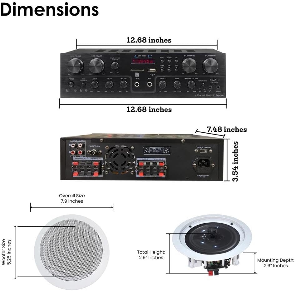 Home Theater System Kit, 4 Channel 1000 Watts Bluetooth Receiver with 5.25" 8 Qty of 175W in-Wall in-Ceiling Speakers & 16 Gauge 500 ft. Spool of Speaker Zip Wire by Vaiyer - Image 2