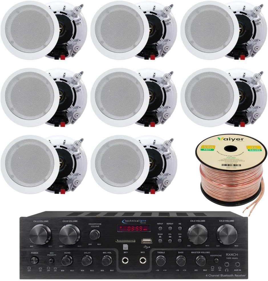 Home Theater System Kit, 4 Channel 1000 Watts Bluetooth Receiver with 5.25" 8 Qty of 175W in-Wall in-Ceiling Speakers & 16 Gauge 500 ft. Spool of Speaker Zip Wire by Vaiyer