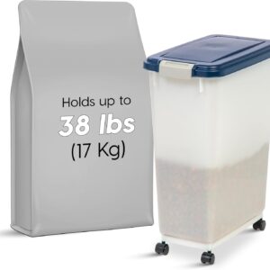 IRIS USA Airtight Dog Food Storage Container, Up to 38 lbs, Attachable Wheels, For Dog Cat Bird and Other Pet Food Storage Bin, Keep Fresh, Easy Mobility, BPA Free, Navy/Pearl