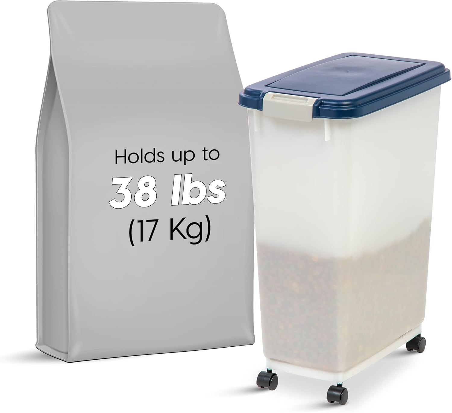 IRIS USA Airtight Dog Food Storage Container, Up to 38 lbs, Attachable Wheels, For Dog Cat Bird and Other Pet Food Storage Bin, Keep Fresh, Easy Mobility, BPA Free, Navy/Pearl - Image 2
