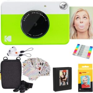 KODAK Printomatic Full-Color Instant Print Digital Camera Colorful Photos On Zink 2x3" Sticky-Back Photo Paper 5MP Gift Bundle: Case + Zink 2x3" 20pk + Album + Stickers + Frames + Markers - Green