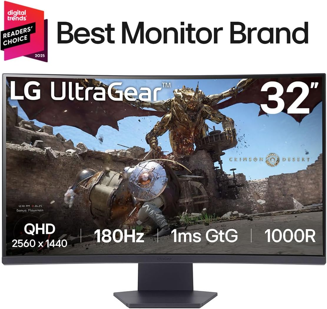 LG 32GS60QC-B Ultragear 32-inch Curved Gaming Monitor QHD (2560x1440) 180Hz 1ms 1000R AMD FreeSync HDR10 HDMIx2 DisplayPort Borderless Design Black Stabilizer DAS Crosshair FPS Counter - Black - Image 2