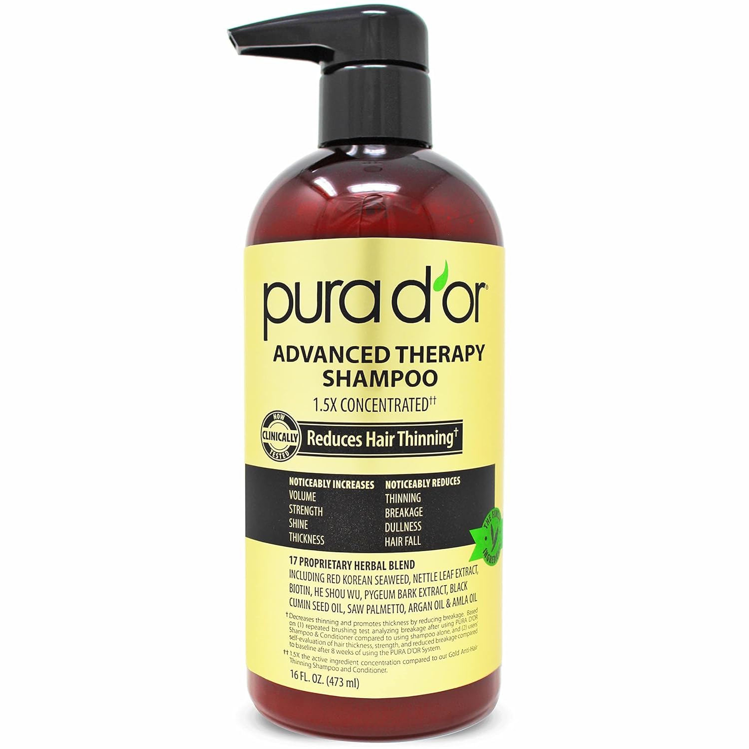 PURA D'OR 16 Oz Advanced Therapy Shampoo Reduces Hair Thinning & Increases Volume, No Sulfate, Biotin Shampoo Infused with Argan Oil, Aloe Vera for All Hair Types, Men & Women