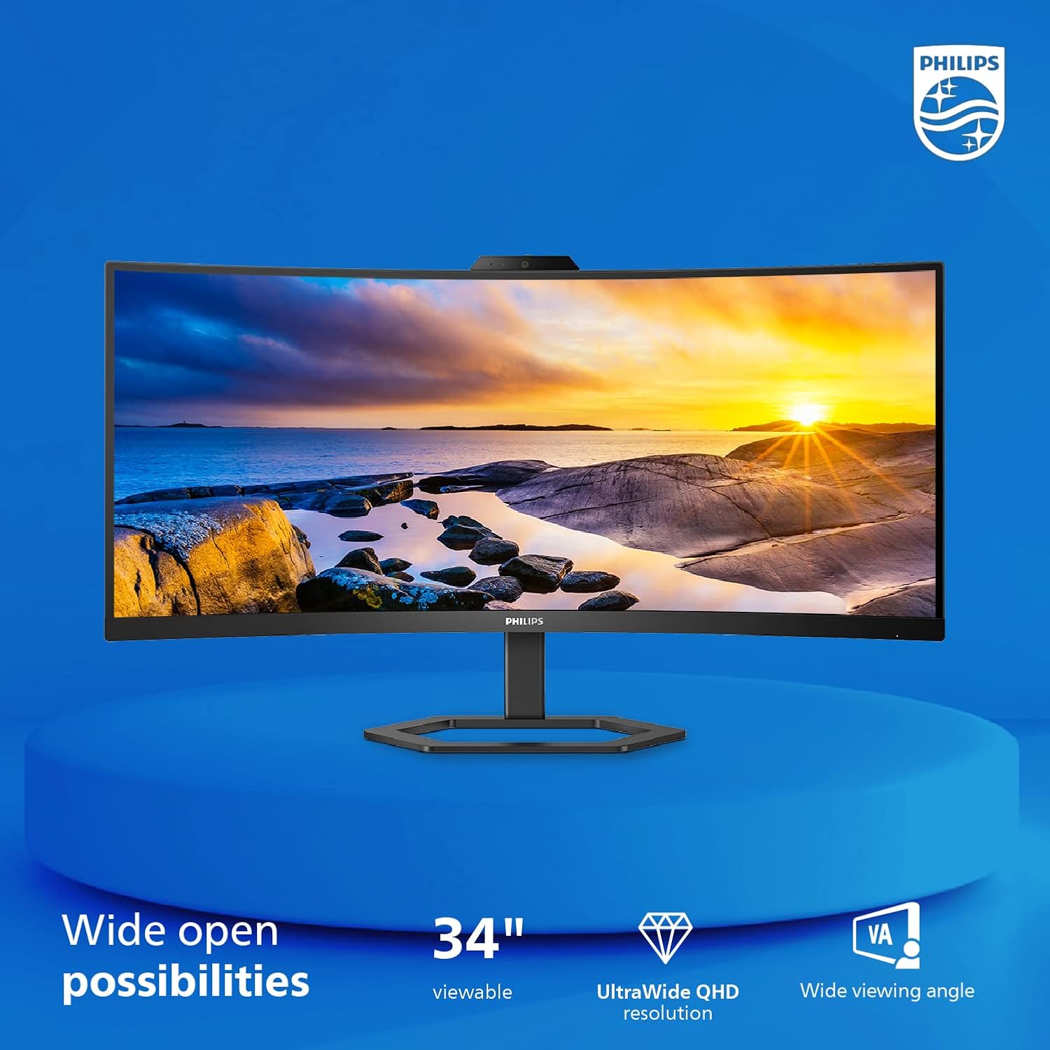 Philips 34E1C5600HE 34" UltraWide QHD 21:9 Monitor with Built-in Windows Hello Webcam & Noise Canceling Mic, USB-C Docking, Stereo Speakers, 100Hz, 4-Year Advance Replacement,Black - Image 2