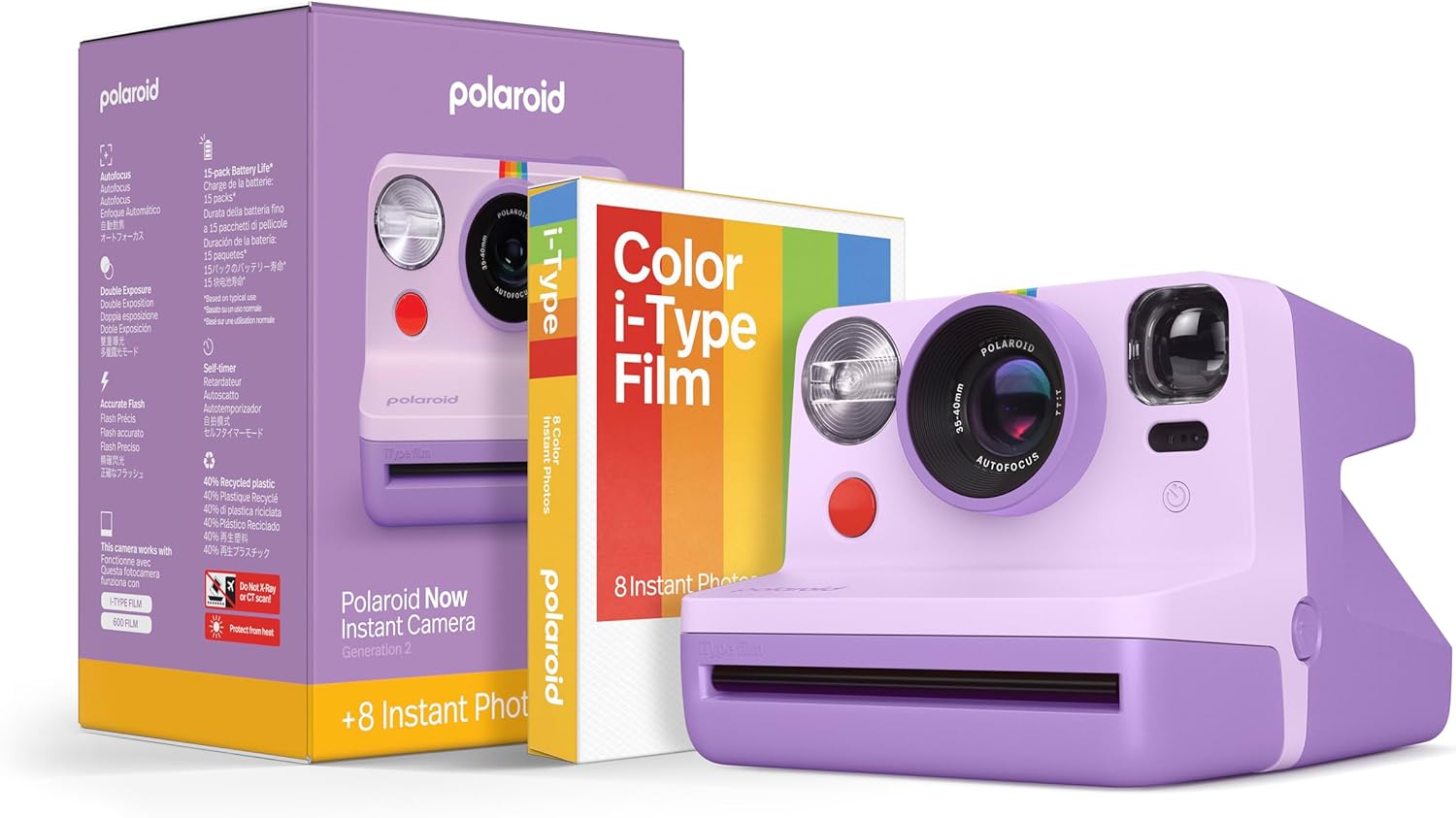 Polaroid Now 2nd Generation I-Type Instant Film Camera + Film Bundle (8 Photos) - Purple (6559)