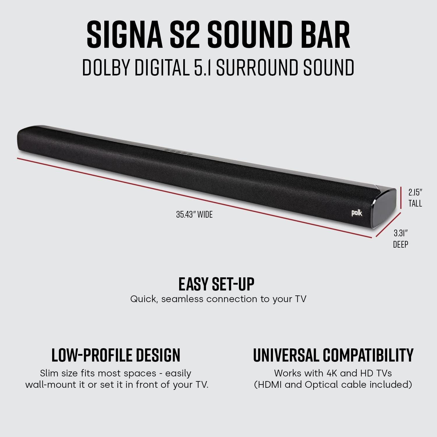 Polk Audio Signa S2 Sound Bar for Smart TV with Subwoofer, Wireless – Exclusive VoiceAdjust Technology, Ultra-Slim Design, Works with 4K & HD TVs, HDMI & Optical, Bluetooth, Wireless Streaming - Image 2