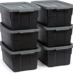 Rubbermaid 6-Pack Heavy Duty Durable 3 GAL Totes for Storage with Snap Lids and Handles, Plastic Storage Bins Stackable Black Gray for Home and Garage (3 GAL - 6 Pack Solid Black and Grey)