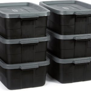 Rubbermaid 6-Pack Totes for Storage with Lids, Heavy Duty Plastic Storage Bins with Lids, Black Gray, 10 GAL - Stackable for Garage, Attic, Camping (10 GAL - 6 Pack Solid Black and Grey)
