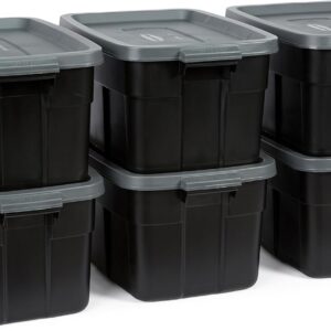 Rubbermaid Heavy Duty Black Storage Bins Plastic Totes with Lids for Storage, Stackable, Large Capacity, Durable, Multipurpose, 14 GAL, 6 Pack (14 GAL - 6 Pack Solid Black and Grey)