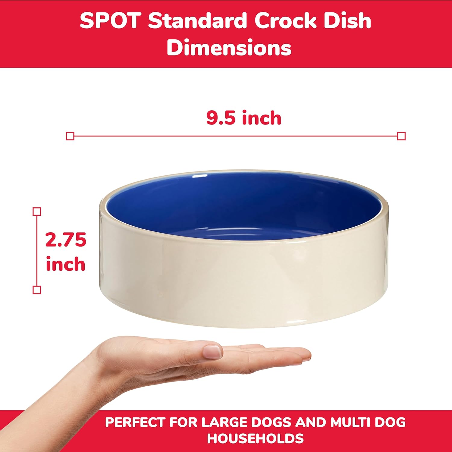 SPOT Standard Crock Dish - Heavy Duty, Non-Slip, Round Ceramic Food/Water Bowl for Pets, Ideal for Medium to Large Dogs or Multiple Animals, Dishwasher Safe - 9.5 in, 8 Cups, (64 Oz) - Image 2