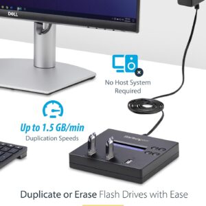 StarTech.com Standalone 1 to 2 USB Flash Drive Duplicator / Cloner / Eraser, Multiple USB Thumb Drive Copier / Sanitizer, System File / Sector-by-Sector Copy, 1.5 GB/min, 3-Pass Erase, LCD, TAA