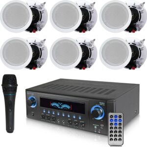 Technical Pro 1000 Watts Professional Home Theater Receiver System Kit w Portable Microphone with Digital Processing and Remote 6 Qty of 5.25” Ceiling Wall Mount Framed Speakers