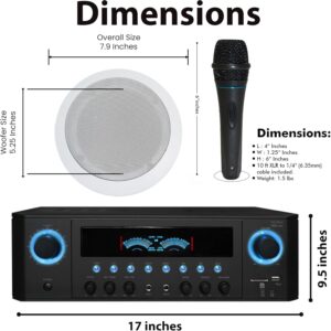 Technical Pro 1000 Watts Professional Home Theater Receiver System Kit w Portable Microphone with Digital Processing and Remote 6 Qty of 5.25” Ceiling Wall Mount Framed Speakers