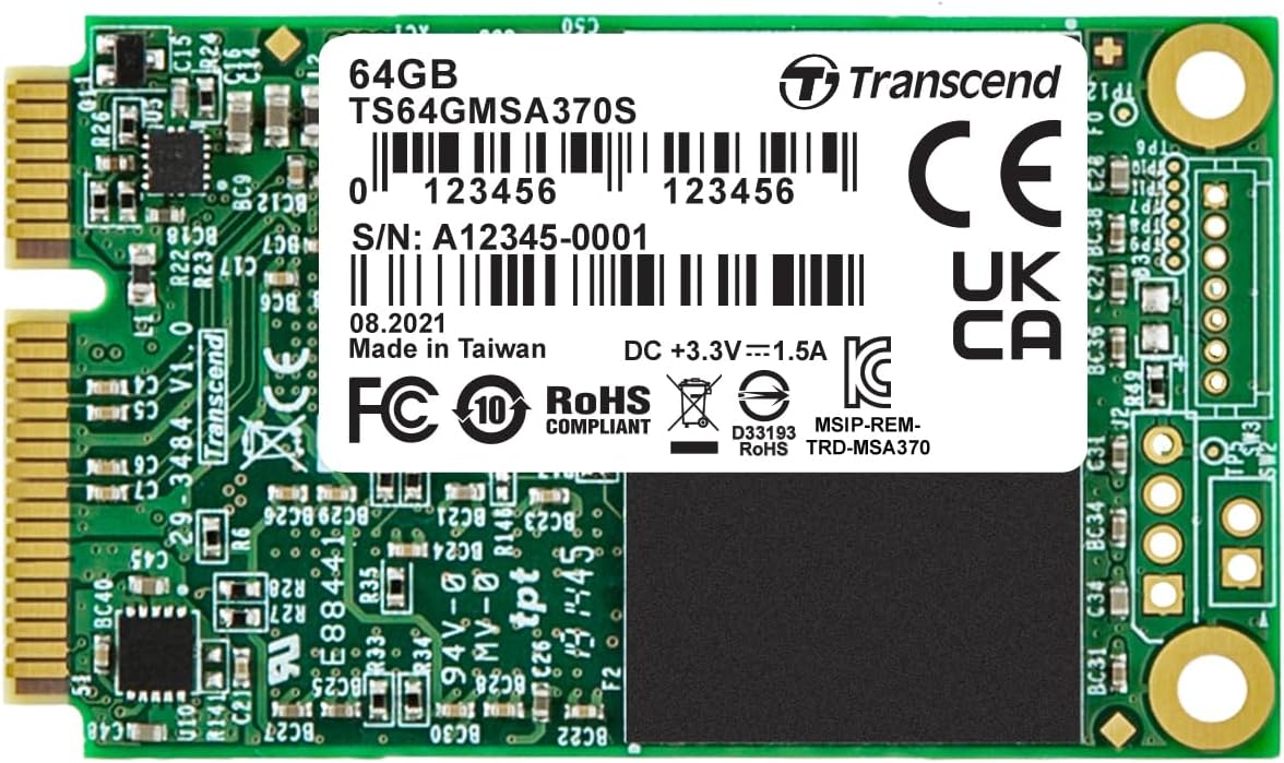 Transcend 64GB SATA III 6G/s mSATA SSD, Internal Solid State Drive, Up to 530 MB/s, Dram Cache, for Ultrabook, Desktop, Tablet PC, Server, MLC - TS64GMSA370S