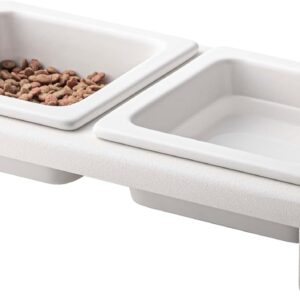 Yamazaki Home Tower Steel and Ceramic Pet Food Stand | 2 Bowls for Food and Water | Feeder for Small Cats and Dogs | Non-Slip - Short - 1.25 Cups, 300 Milliliters Per Bowl, White