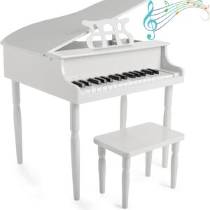 Kids Piano - 30 Key Mini Grand Piano with Music Stand, Bench, and Note Stickers - for Beginners - Instruments for Kids by Hey Play (White)