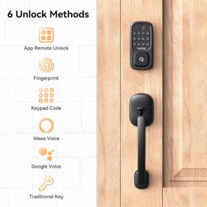 Smart Door Lock with Handle, Keyless Entry Door Lock Deadbolt Handle Set, Built-in WiFi Deadbolt Smart Lock for Front, Fingerprint, Keypad Code, App Control, Voice Control