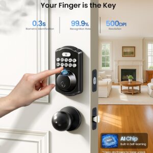 Veise Fingerprint Door Lock with 2 Knobs – Keyless Entry Door Lock with Handle, Electronic Keypad Deadbolt, Smart Front Handle Set, Auto-Locking, Waterproof, Easy Installation, Matte Black